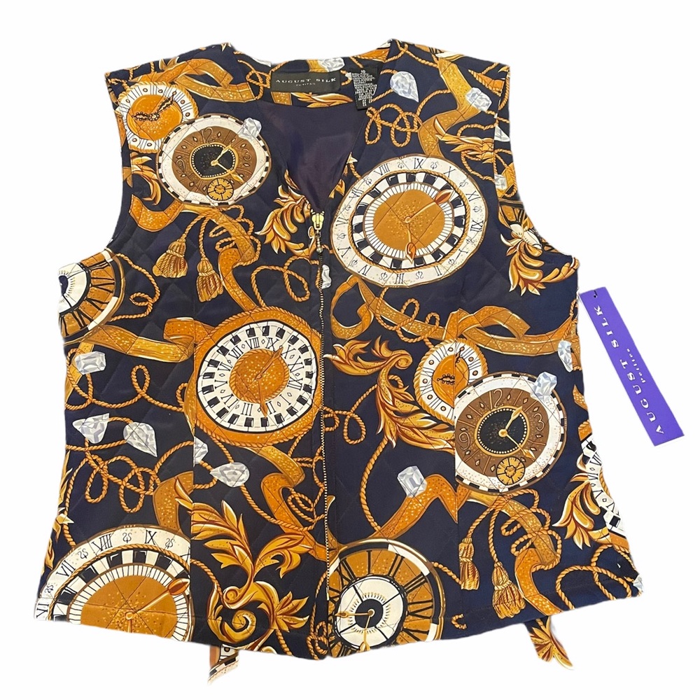 August Silk Vintage Clock Print Silk Vest NWT